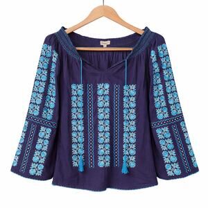 Boutique 17 Top Womens Size Large Blue Floral Embroidered Tassels Bohemian